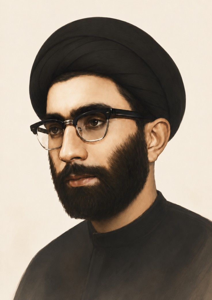Symbolic image of the cultural and literary character of Ayatollah Khamenei — a library, a manuscript, and the atmosphere of study